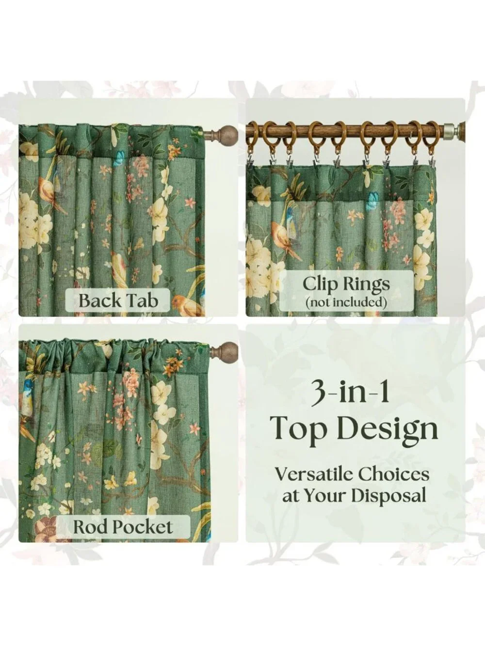 Dark Green Floral Linen Curtains 96